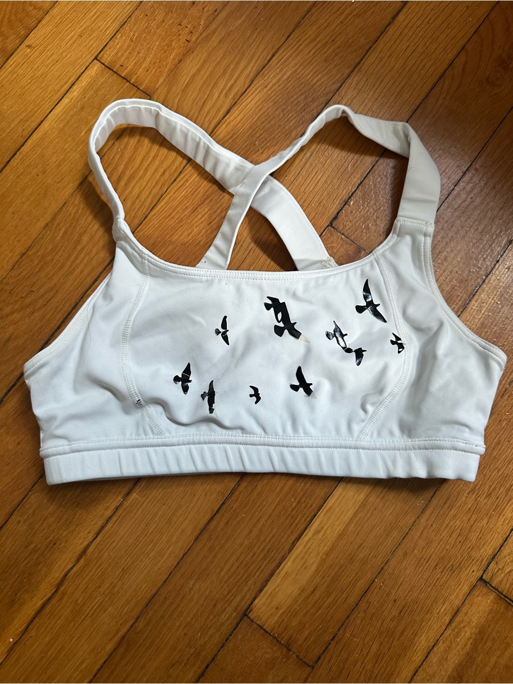 oiselle White Sports Bra with Black Bird Print